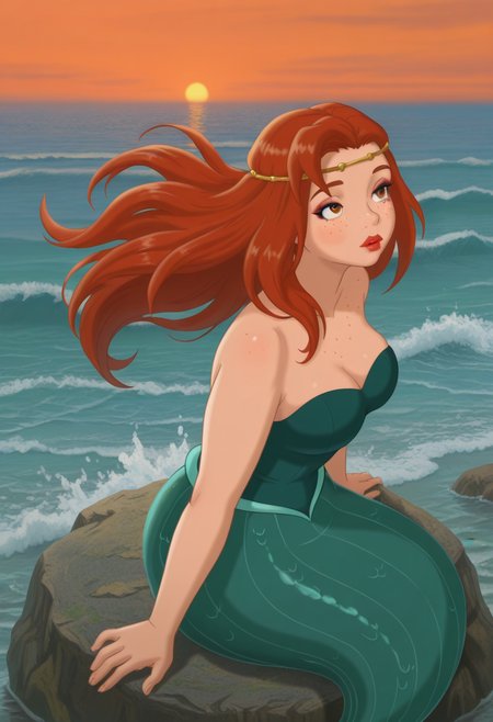 Graphic Design, color art, vibrant colors, colorful, intricate details, high contrast, detailed background, beautiful detailed, beautiful face, detailed eyes, detailed face, new, 1girl, solo, m3rm41d, monster girl, mermaid, red hair, long hair, circlet, freckles, makeup, red lipstick, strapless, green dress, cleavage, dynamic pose, cowboy shot, sitting on stone, low angel, perspective, ocean, sunset, orange sky, evening, wind, waves, water splashes, sea foam, (masterpiece, best quality, newest, recent, absurdres),