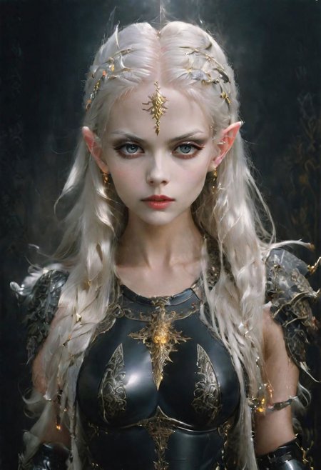 analog film photograph of the high queen, an elf female of unearthly beauty, very long straight white hair, very pale pink skin, light grey eyes, (natural ears:1.2)
mysterious smirking expression, looking down at the viewer, wearing (intricately decorated Milanese black (full cuirass) plate armor:1.4), intricately decorated with a damask, gold inlay, (brandishing a glowing sword pointed at the viewer:1.9),
elf queen, full body shot,
1girl, GLOWING STYLE