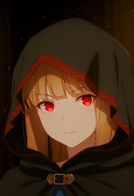 holooutfit1_cloaked, 1girl, long brown hair, bangs, red eyes, fox ears, medium breast, |  hooded cloak, long black cloak, red patterned trim, braided trim, under cloak long black dress, fur trim, red belt, long sleeves, blue shirt, open vest, , beads, fox tail,
 <lora:Holo_IL:1>,
 (Character),masterpiece,best quality,intricate details,gothic fantasy,upper body portrait,dramatic pose,confident gaze,cinematic lighting,clean background,glowing magical particles,detailed face,vibrant colors,.