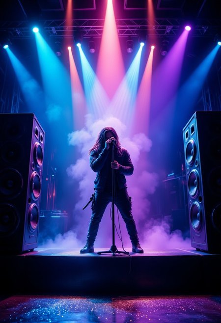 Live music stage, microphone stand in the center. Lights and lasers of various colors from the upper rear, spotlight in the center.
Smoke on stage, stage decorated with neon glitter.
Huge speakers at both ends of the stage, neon lights on the speakers.
Front view of the stage
aidmafluxpro1.1,fntsylghtshwCE_style