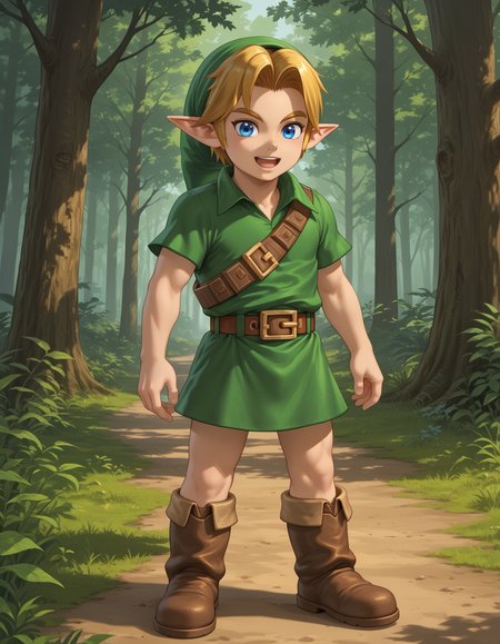 score_9, score_8_up, score_7_up, source_anime,perfect face, detailed, intricate details, highres, absurdres
BREAK
YLink, 1boy,young, solo, thighs,green hat, blonde hair, pointy ears, blue eyes, green tunic, brown belt, brown boots,
smile,open mouth,
forest,
BREAK
<lora:Young_Link_The_Legend_of_Zelda:1> , <lora:add-detail-xl :1>