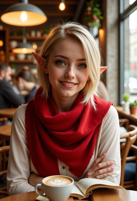 midshot,She is approximately 18 years old. Hyperrealism, she is looking at the camera, (dynamic angles), profile headshots of a beautiful, stunning unique female character. she has blonde hair. her eyes are green and filled with joy and excitement, extravagant eyelashes, she has elf ears. a photo of a N1n@_SpQ, she is wearing a red scarf, and a white shirt. She is sitting in a café, indoors, reading a book, with a cup of coffee sitting on the table in front of her. The café is decorated for Christmas.  The woman is posing confidently. She has a slight smile on her face and is looking directly at the camera. making this image a masterpiece of photography and digital art. realistic. making this image a masterpiece of photography and digital art. Style: realistic hyper-detailed rendering, 32k UHD, expressive eyes, punk, graphic design, girl's face, pretty and cute, gleaming lips, telling a tale of adventure. Exuding confidence and serenity. The overall mood of the image is happy and relaxed,detailed skin texture,(blush:0.2),(goosebumps:0.3),subsurface scattering,whimsical,Detailed hand, Perfect hand. Perfection style.