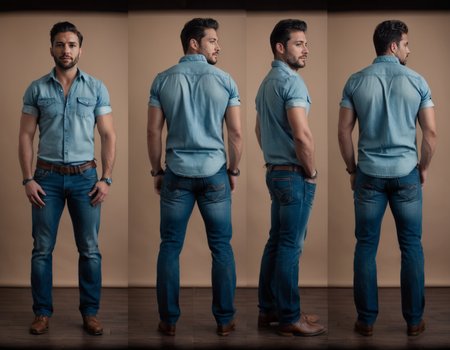 cinematic film still multiple views, a man, jeans, denim, watch, t-shirt, standing,
 <lora:MultipleViewsXL:0.75>, , <lora:FILM_PHOTOGRAPHY_STYLE:0.25> . shallow depth of field, vignette, highly detailed, high budget, bokeh, cinemascope, moody, epic, gorgeous, film grain, grainy