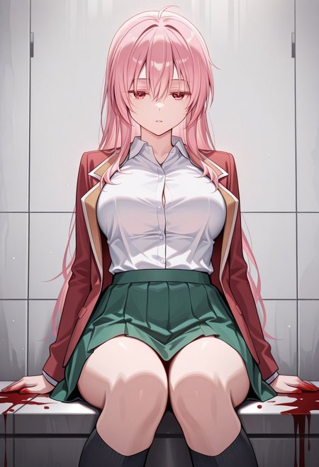 masterpiece, best quality, 32k, high resolution, absurdres, matsuzaka satou, green skirt, blood, open jacket, socks, dress shirt, large breasts, parted lips, kneehighs, expressionless, sitting