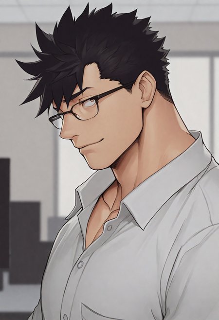 masterpiece,best quality,
1boy,bara,
<lora:loren_NAI_EPS_1_0_CAME_v1_rev2:1>,10r3n,black hair,short hair,spiked hair,brown eyes,sanpaku,
bespectacled, glasses, white shirt, collared shirt, collarbone, from side, looking at viewer, light smile, indoors, office, blurry backgroundâââ