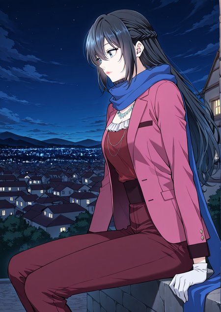 <lora:Tabitha_Helstea__The_Beginning_After_the_End__Illustrious:1>
1 girl, solo, blue eyes, black hair, hair between eyes,
alternate costume, red shirt, pink jacket, blue scarf, white gloves, french braid, jewelry, necklace, lipstick,  red pants
score_9, score_8_up, score_7_up, score_6_up, source_anime, masterpiece, best quality, absurdres, highres, newest, anime coloring <break>  1girl, solo, sitting, on wall, from side, town, night sky, cloud