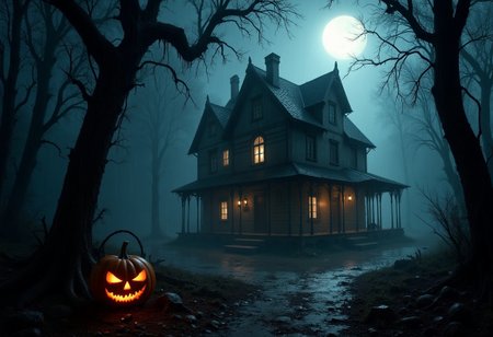 ultra realistic, halloween, halloween bucket, pumpkin, scenery, house in the woods, light coming from the window of the house, dark, twilight, fog, decaying leaves, twisted trees, ghostly light ,old cabin, dread, eerie, heavy-rain, abyss, maelstrom, unsettling, dark, spooky, suspenseful, grim, highly detailed, floating house, otherworldly, full moon