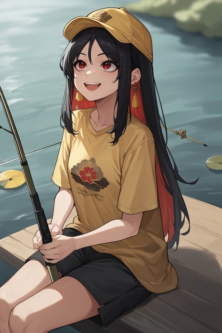 source_anime, score_9, score_8_up, solo, 1girl,  <lora:moran-nikke-richy-v1_pdxl:0.9> moran, black hair, long hair, colored inner hair, multicolored hair, red hair, red eyes, tassel earings. yellow cap, looking up, wide smile, open mouth, yellow t-shirt, sitting, fishing pole, fishing, lake background
