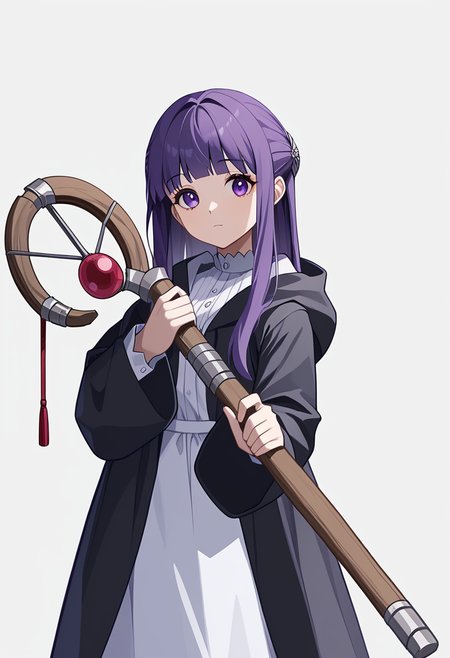 score_9,score_8_up,score_7_up,<lora:sousou_no_frieren_all-000020:1>,1girl, black_coat, closed_mouth, commentary, cowboy_shot, expressionless, fern_\(sousou_no_frieren\), hands_up, highres, holding_staff, hood_down, hooded_coat, long_dress, long_hair, long_sleeves, looking_at_viewer, mage_staff, purple_eyes, purple_hair, sidelocks, simple_background, solo, standing, white_background, white_dress, wooden_staff