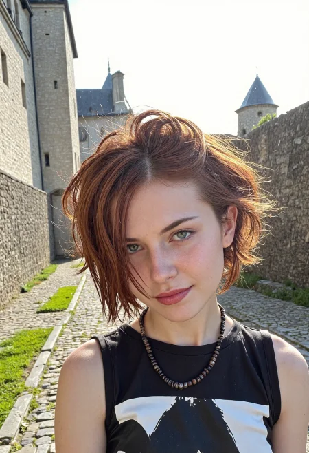 Fashion portrait photo of thin young caucasian woman, 19yo, with light green almond-shaped eyes and narrow lips with an arrogant attitude. She has tousled auburn emo scene hair and emo makeup featuring shades of white and mascara with glossy lipstick, wearing sleeveless faux leather graphic tee in combination with a beaded necklace. Set on an european castle visit with authentic medieval walls, towers and stone arches with a cobbled path leading through, on a sunny rainy sunrise in summer with a shy smile. With artificial split lighting, shallow depth of field, dynamic angle   <lora:flux_SkinDetails_v8> <lora:flux_real_Another_Amateur_Lora> <lora:flux_UltraRealPhoto>