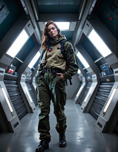 nostromo style woman wearing spacesuit, in a spaceship hallway,
extremely detailed,