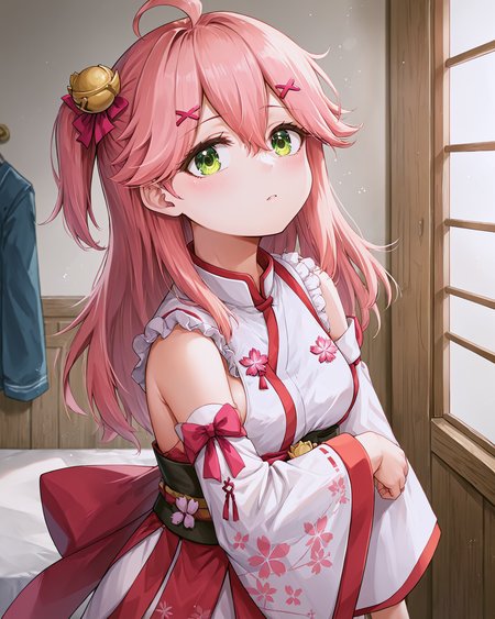 <lora:3_Style_Art_Arata_XL:0.8>  <lora:HOLOLIVE_Miko_Sakura_XL:0.7> sakura miko, 1girl, pink hair, ahoge, green eyes, miko1, x hair ornament, single thighhigh, sideboob, hairclip, hair bell, floral print, long hair, hair between eyes, one side up, wide sleeves, upper body,, <lora:9_Detail_Tweaker_XL:0.8>, score_9, score_8_up, score_7_up, source_anime, masterpiece, best quality, highly detailed background, cinematic lighting, detailed eyes, perfect face,, lazy, teenager room, messy, bedroom, bed sheet, closet,