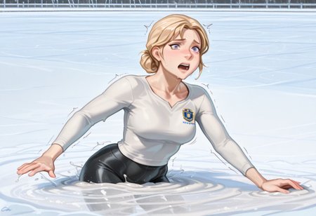 score_9, score_8_up, score_7_up, 1girl, solo, attractive woman, cinematic, Swedish woman, figure skater, athletic woman, hip-deep in icy quicksand, struggling, dynamic pose, scared, ice rink background