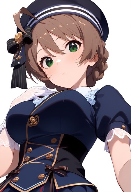 1girl,
sakuramori kaori,


ahoge, braid, blush, blue dress, lace, simple background, hair ornament, breasts, from below, lace gloves, gloves, closed mouth, hat, light brown hair, lace-trimmed headwear, frills, looking at viewer, black ribbon, short sleeves, white gloves, puffy sleeves, ribbon, frilled hat, lace trim, solo, short hair, green eyes, upper body, hat ribbon, white background, large breasts, puffy short sleeves, dress, hand on own chest,

sfw
<lora:a31_char_new_sakuramori_kaori-000018:1> <lora:a31_style_koni-000010:0.8>
