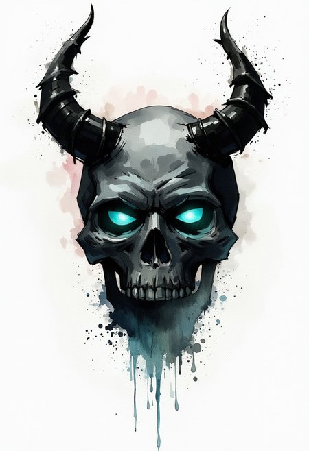 Watercolor painting of a negative colored paintsplash of a skull with demonwings, glowing turquoise eyes are visible. Dark