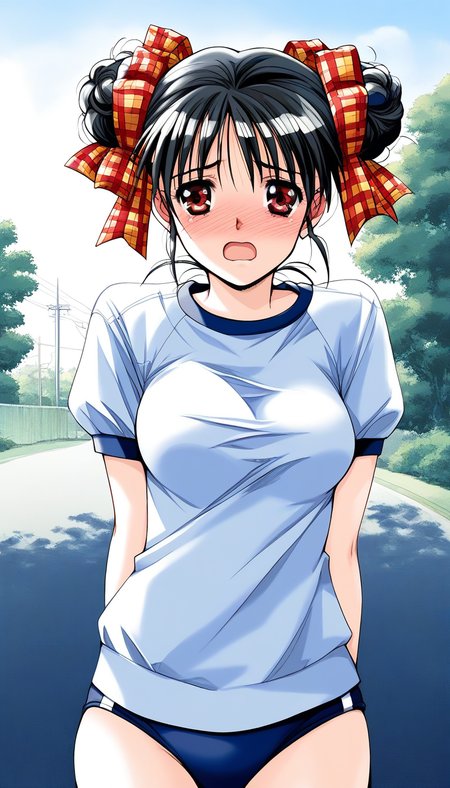 score_9, score_8_up, score_7_up, source_anime, rating_explicit, BREAK  <lora:Narusawa_Yui_XL:1> NarusawaYui, black hair, double bun, hair ribbon, plaid ribbon, medium breasts, red eyes, 
dark blue buruma, blush, white gym uniform, open mouth, cowboy Shot,
full-face blush, sad, outdoor, sky,
open mouth,
1990s (style)