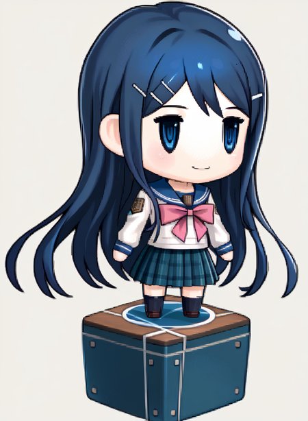 score_9, score_7_up, source_anime, solo, 1girl, smile, <lora:zs_PictlogicaStyleXL:1> ffpictlogicastyle, chibi, full body, faux figurine, <lora:SayakaDR-pdxl:1> defSaya, long hair, hairclip, school uniform, white shirt, sailor collar, pink bow, long sleeves, serafuku, plaid skirt, pleated skirt, black thighhighs, brown shoes