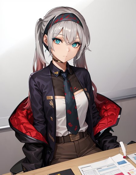 (extremely detailed CG unity 8k wallpaper),(masterpiece), (best quality), (ultra-detailed), (best illustration),(best shadow), (sharp eyeliner, eyeshadow, detailed eyes:1.2), (office:1.2)
,BREAK
(lam:1.2), headband, twintails, necktie, (sitting behind desk, tired:1.2)
<lora:LWMMG:1>