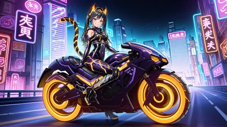 (high quality:1.1), detailed face, i:p_masquerena, alternate_outfit, 1girl, solo, long hair, looking at viewer, smile, black hair, twintails, gloves, animal ears, medium breasts, purple eyes, mechanical tail, full body, grey hair, grin, multicolored bodysuit, night, ground vehicle, skin tight, shiny clothes, city, purple bodysuit, tiger ears, tiger tail, purple motorcycle, city lights, year of the tiger, neon lights, on motorcycle, highway, neon trim, purple elbow gloves, two-tone headgear, black high heels, knee pads, tiger headgear  <lora:ip_masquerena_final-10:1>