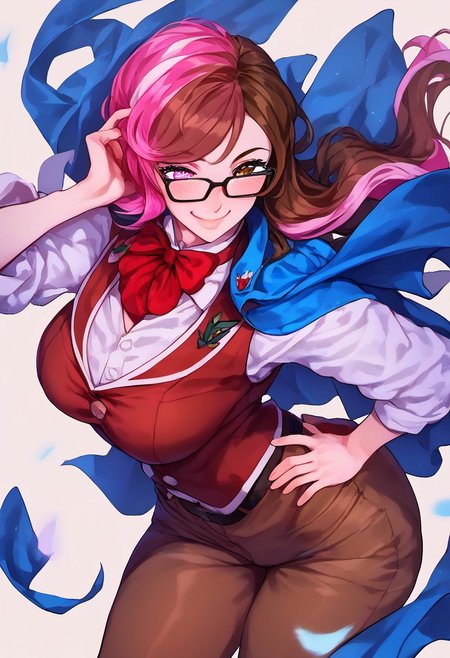 (score_9, score_8_up, score_7_up, high quality, best quality, ultra-detailed, very aesthetic, illustration, perfect composition, intricate details, absurdres, high res image, masterpiece, vibrant colors, beautiful face, detailed face, 1girl, solo focus, single character, perfect eyes, detailed eyes, female), neopolitandef, long hair, brown hair, brown eyes, pink hair, multicolored hair, pink eyes, two-tone hair, heterochromia, split-color hair, pale skin, thick thighs, perfect body, voluptuous, medium breasts, curvy body, narrow-waisted, wide hips, (blue cape, white shirt, dark red vest, cravat, brown pants, glasses), (hand on hip, small smile, blush), blank background