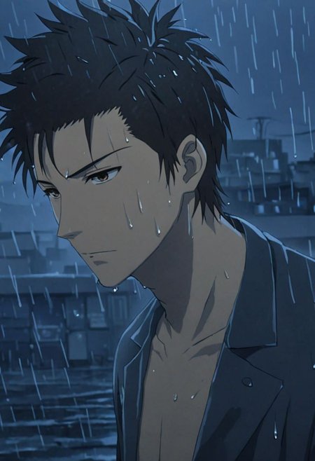 Highres, Masterpiece, High Quality, 4K, 8K, solo, 1Boy, Soujirou Agata, brown eyes, black hair, wet, slippery, heavy rain, dark, looking down, sad, heartless, wet hair, city night, easynegative, detailed_eye_model