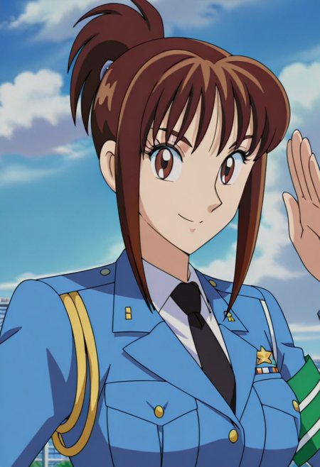 masterpiece, anime screencap, anime coloring, official style,
1girl, solo,
(kochikame,Matoi Giboshi,brown hair, brown eyes, ponytail, police uniform, police, uniform, policewoman, necktie, armband),smile,
looking at viewer, smile,salute
