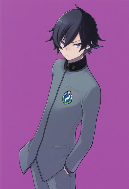 masterpiece, best quality, solo, 1boy, looking at viewer,  <lora:Yasuda-Suzuhito-illus_Fp:1>, <lora:Naoya-illus_Fp:1>, naoyap1, black hair, purple eyes, school uniform, emblem, grey pants,