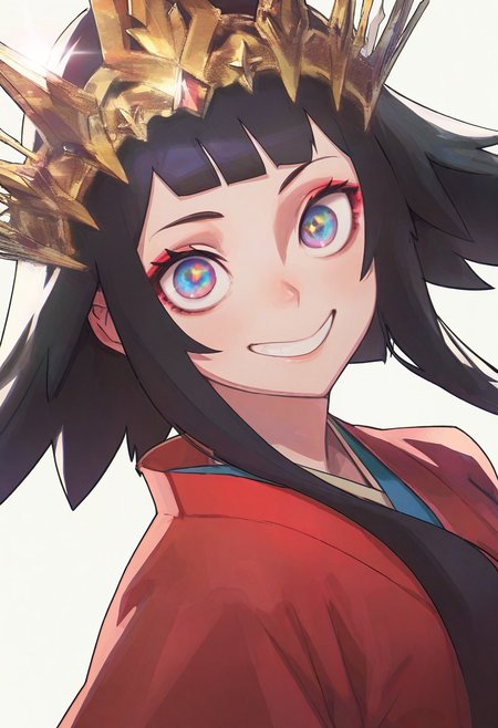 COOLSY_ST, sketch, masterpiece, best quality, very aesthetic, high resolution, ultra-detailed, absurdres, newest, extremely detailed eyes, beautiful, perfect lighting, hi res, amazing quality, very awa, Brightly Lit, Highly Visible, 8k, sharp focus, beautiful, perfect lighting, volumetric lighting, scenery, painting_(artwork),  1girl, black hair, white background, smile, looking at viewer, simple background, japanese clothes, glint, bangs, long hair, upper body, kimono, sidelocks, crown