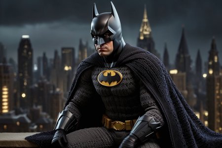 <lora:Sacha Goldberger Style:1>, <lora:CROCHETED:1> CROCHETED, Sacha Goldberger Style -High-resolution photographic image of Batman, solely in a crocheted outfit, showcasing intricate textures and patterns. Cinematic lighting highlights his high-end, wide, flowing attire. Batman gazes directly at the camera with sharp, intense eyes. The image is photorealistic and ultra-detailed, rendered in 8k. Set against the iconic skyline of Gotham City, the urban landscape exudes a dark, moody atmosphere. (Dynamic Action Pose:1.3), (Dynamic Camera Angle:1.3),