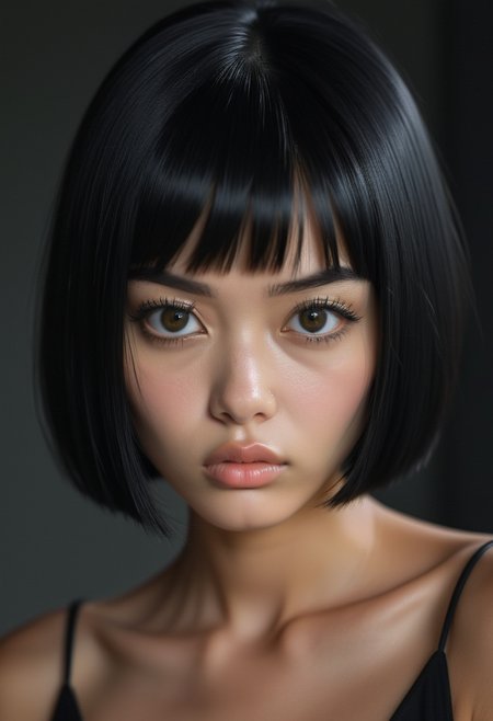2d, A close-up of a model with straight, jet-black hair cut into a blunt bob, her sharp features highlighted by her intense, piercing grey eyes and serious expression., highly detailed, Kawaii, Moonlit, Charcoal, sad atmosphere <lora:usual-portrait-v2:1>