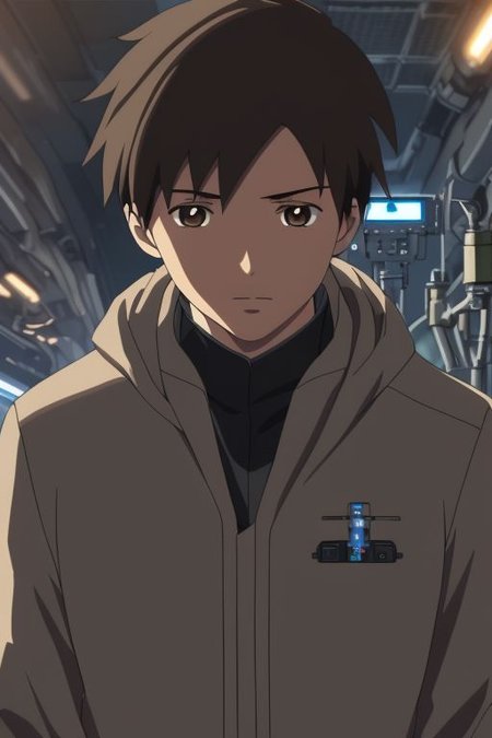 high resolution, solo, best quality, 1Boy, Takaki Toono, Brownish Hair, Brown Eyes, Science Fiction, OverallDetail