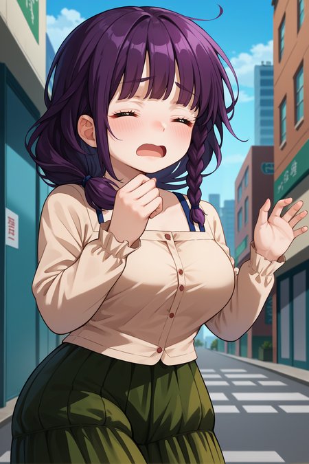 score_9, score_8_up, score_7_up, score_6_up, source_anime, 1girl, solo <lora:mayumatsukaze-pdxl-nvwls-v1-000005:1> nkmm, purple hair, black hair, braid, hair over shoulder, purple eyes, beige cardigan, buttons, long sleeves, green skirt, long skirt, large breasts, closed eyes, open mouth, blush, embarrassed, hands up, blue sky, city