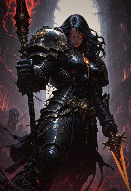 masterpiece, best quality, high quality, 
newest, highres, 8K,HDR,
absurdres, 

dynamic angle, 
realistic, 

1girl, 
BlackT40k, 
power armor, 
long hair, 
weapon, 
glowing eyes, 
dark fantasy, 
holding spear, 
floating, 
ethereal aura, 
red and black color scheme, 
armored gauntlets, 
golden ornaments, 
looking at viewer, 
battle stance, 
supernatural energy, 
shadowy background, 

gothic architecture, 
dynamic pose, 
dramatic lighting, 

detailed background, 
depth of field, 
foreshortening, 
detailed background, 
dynamic pose, 
dynamic composition,
dutch angle, 
foreshortening,
blurry edges, 
<lora:ILLIronW40k:1>