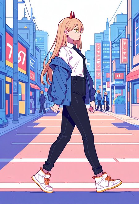 <lora:Power_Illustrious:.7> , Power_(Chainsaw_Man), yellow eyes, (blonde hair), long hair, red horns, smiling, closed mouth, collared shirt, white shirt, black necktie, blue jacket, black pants, off shoulder, open jacket, white sneakers, (((slim body))), skindentation, fat thighs, wide hips, outdoors, (((Walking))), side view, tokyo city, Flatline, Flat vector illustration, summer