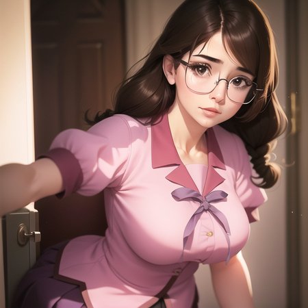 a woman,<lora:TsumasakyHanekawaTsubasa_v1:1>, closeup,

brown haired,ligtht pink school uniform,skirt,
glasses,

realistic, hyperrealistic,soft shadows,