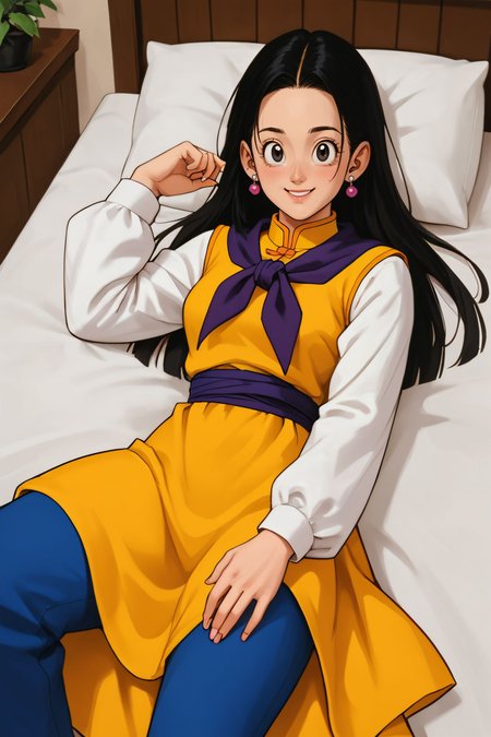 zPDXL3,  <lora:chichi_pony_v2:.5>,
chi-chi, black hair, black eyes, long sidelocks, long hair, earrings, purple neckerchief, long sleeves, yellow dress, white sleeves, blue pants, purple sash, looking at viewer, smiling, lying, on back, on bed, from above,