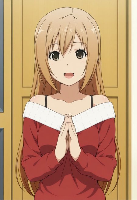 masterpiece,best quality,amazing quality, minami haruka, light brown hair, long hair, brown eyes, 1girl, solo, open mouth, smile, door, own hands together, sweater, :d, collarbone, bare shoulders