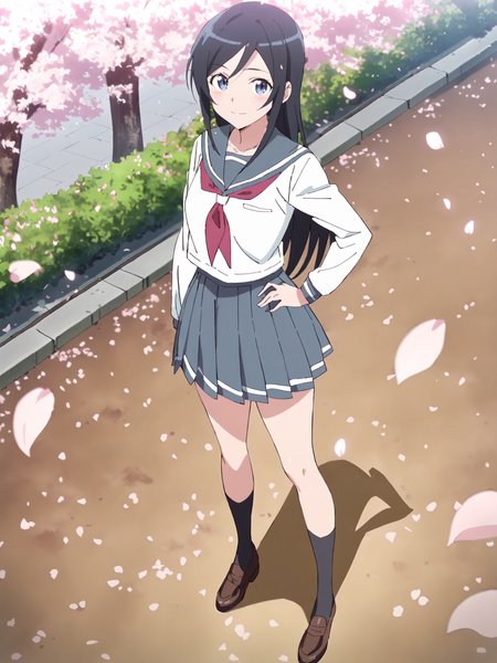 masterpiece, high score, great score, absurdres, anime screenshot, anime coloring,  <lora:Char-Aragaki_Ayase-V1-SDXL:1:hr=0.7>, 1girl, aragaki ayase, solo, serafuku, blue pleated skirt, red neckerchief, loafers, black socks, hand on hip, looking at viewer, light smile, standing, full body, outdoors, street, cherry blossoms, petals, depth of field