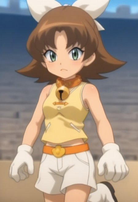 source_anime, anime screencap, source_anime, auratheguillotine, anime screencap, masterpiece, source_anime, shiny skin,,,,,,,,, bare shoulders,,, motti, brown hair, green eyes, nekoguchi, bell collar, orange collar, bangs, hair ribbon, white ribbon, medium hair, yellow tank top, tank top, exposed arms, sleeveless,, white shorts, orange belt, white boots, white gloves, one paw glove, one fingerless glove,