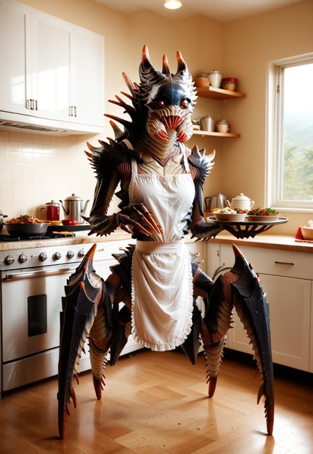 PDXLxxx, score_9, score_8_up, , score_7_up, score_6_up, source_furry, source_monster, rating_safe,  Chryssalid, alien, mandibles, four-legged,  arthropod girl, insectoid, no humans, monster, horns, teeth,  claws, full body, cowboy shot, apron, kitchen, holding, tray, food