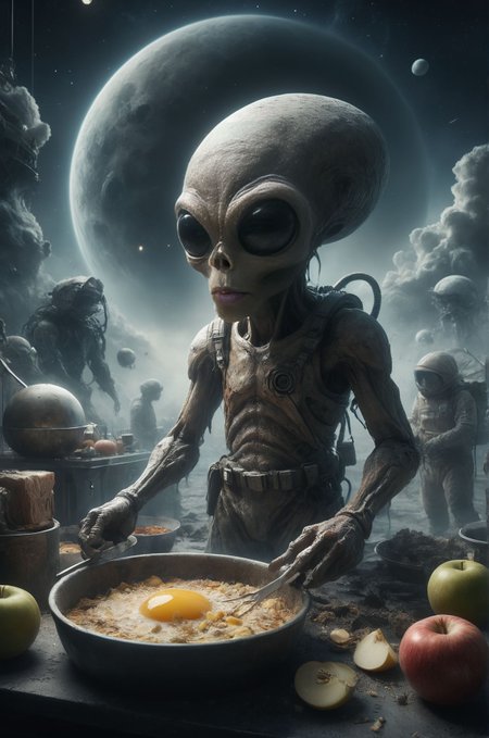 Prepare for a culinary caper of cosmic proportions: Our intrepid chef finds themselves on a mission to create the perfect dish using ingredients sourced from across the galaxy. From moon cheese to asteroid apples, they scour the cosmos for the rarest and most exotic ingredients, all while dodging space pirates, outsmarting intergalactic health inspectors, and navigating the perilous pitfalls of cosmic cuisine. Along the way, they must contend with rival chefs, alien food critics, and the ultimate challenge: a cook-off against the reigning champion of the culinary cosmos. Can our hero whip up a dish that's out of this world, or will they be left with egg on their face? 
Many details everywhere. soft shadows. Low saturation colors. Insane quality. Insane resolution. Insane details. Masterpiece. 32k resolution.
Dramatic,Dynamic,Cinematic,Sharp details
 <lora:dvr-lnds-sdxl:0.4> dvr-lnds-sdxl <lora:add-detail-xl:1>   <lora:casting shadow style v2:0.1> casting shadow style, cucoloris patterned illumination  <lora:MJ52:0.051> <lora:ral-apoctvisn-sdxl:0.1> ral-apoctvisn <lora:ral-mtclniscp-sdxl:0.1> ral-mtclniscp <lora:SDXLFaeTastic2400:0.1> <lora:zavy-cntrst-sdxl:0.1> dark, chiaroscuro, low-key <lora:zavy-rmlght-sdxl:0.1> zavy-rmlght
