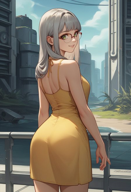 score_9, score_8_up, score_7_up, source_anime BREAK 1girl, solo, <lora:neon-nikke-richy-v1_pdxl:0.8> neonrnd, green eyes, grey hair, bangs, long hair, glasses, outdoors, science fiction, post-apocalypse, yellow sundress, from behind, looking back, looking at viewer, smile