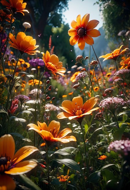 best quality,high resolution,extremely detailed,8k,dynamic angle, unreal 5 engine,creative,unconventional cinematic realism  demonstration masterpiece inspired by floral nature,huge busy scene