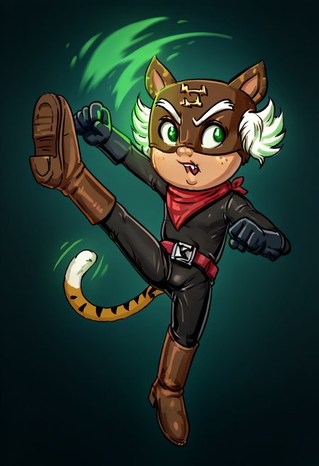 score_9, score_8_up, score_7_up, MidnightDexy, 1boy, solo, male focus, El_Tigre, Mask, Green Eyes, white sideburns, Freckles, Cat Ears, Black Bodysuit, belt buckle, brown boots, Red Bandana around neck, black Gloves, tail, green aura, jumping kick, kicking, from below, jumping, foot focus