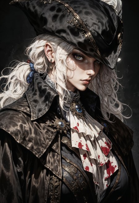 Lady Maria, a character with a gothic and mysterious style. The subject is a pale-skinned woman with long, flowing white hair partially obscured by a wide-brimmed, dark hat. Lady Maria's face is partially shadowed, with a visible eye that is intense and piercing. She is dressed in a dark, elaborate coat with a high collar and a white ruffled cravat stained with red, suggesting a dramatic or battle-worn appearance. Lady Maria holds a sword with a detailed hilt, adding to the enigmatic and historical aesthetic. The background is dark, enhancing the focus on the character. <lora:RetroAnimeFluxV1:0.8> <lora:Elden_Ring_-_Yoshitaka_Amano:0.75> <lora:FluxMythG0thicL1nes:0.4> <lora:ck-painterly-fantasy:0.2> <lora:flux.1_lora_ink-dynamic:0.2> <lora:FluxLadyMaria:0.8> <lora:Mezzotint_Artstyle_for_Flux_-_by_Ethanar:0.2>