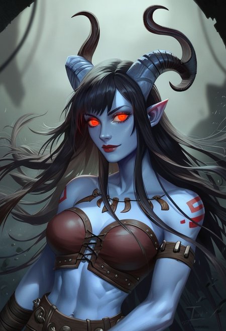 score_9, score_8_up, score_7_up, SLVTK, 1girl, gothic, portrait, beautiful, tiefling shaman, black hair, (long hair:1.3), side bangs, horns, barbarian, gladiator, war paint, tribal markings, long tail, blue skin, red lips, red eyes, glowing eyes, (smug:0.85), dramatic lights, detailed, sharp lines, dynamic, detailed drawing