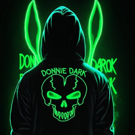 <lora:add-detail-xl:1>
<lora:detailed:0.3>
<lora:perfection style:0.3>
<lora:xl_more_art-full_v1:0.3>
 <lora:Donnie Darko film style:1>
a rabbit with neon paint and a hoodie,solo,long hair,shirt,black hair,1boy,green eyes,from behind,english text,skull , cinematic, film, Donnie Darko film style