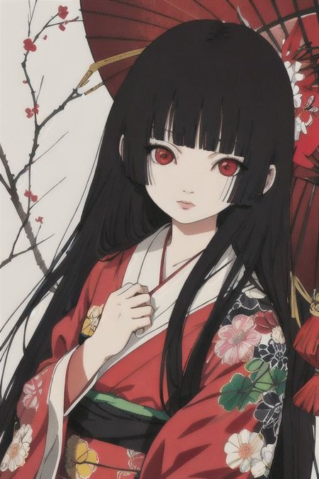 enma ai, hair down, hair black, bangs, eyes red, masterpiece, best quality, ultra-detailed, illustration, 1girl, solo, highres, photorealistic, ultra high res, (Original illustration composition), (fusion of limited color,Maximalism artstyle, kimono fashion, double exposure, background black