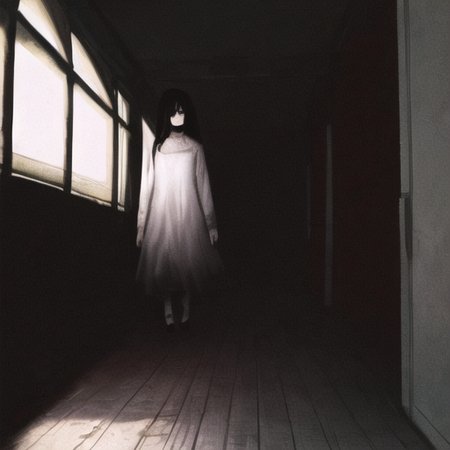 ((masterpiece)),(best quality), absurdres,sadako_yamamura,red eyes, white dress,<lora:Sadakobest:0.8>,  <lora:death2HorrorLocon_v10:0.7>,horror (theme),dark, 1girl,night, dark, vanishing point,1other,