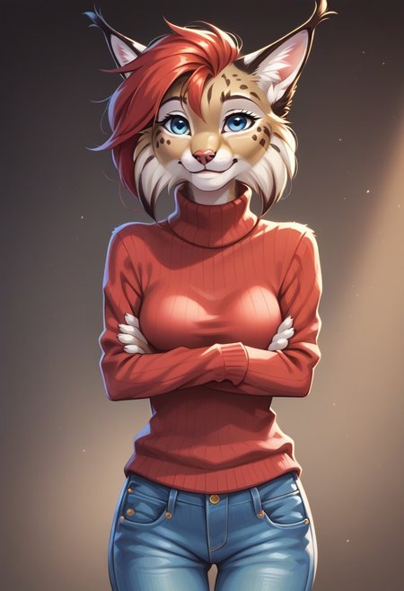 digital_media_(artwork) hi_res, score_9, score_7_up, score_6_up, source_furry, rating_safe, anthro, furry, female, furry female, detailed textured fur, fur tufts, lynx, red hair, blonde brown fur, spots, beautiful blue eyes, medium breasts, covered breasts, slim, slender, turtleneck sweater, denim jeans, smile, SFW,